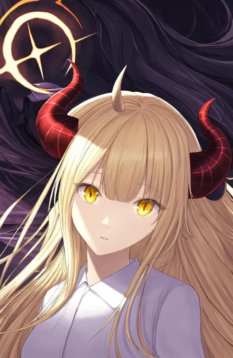 â=â¡Î£((( ã¤â¢ÌÏâ¢Ì)ã¤ Integrated Visual Composition, 1girl, long hair, blonde hair, yellow eyes, demon horns, long hair,