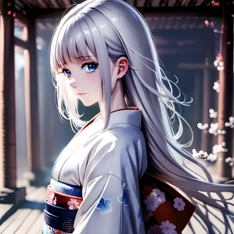 1girl, female, long hair, blue eyes, kimono, white hair dress, temple