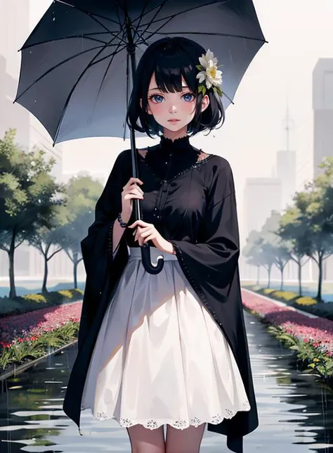 anime girl with umbrella standing in a park with flowers in her hair