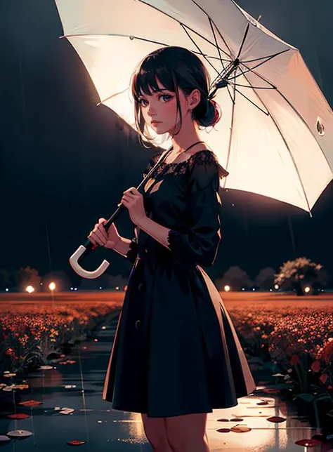 there is a woman standing in the rain holding an umbrella