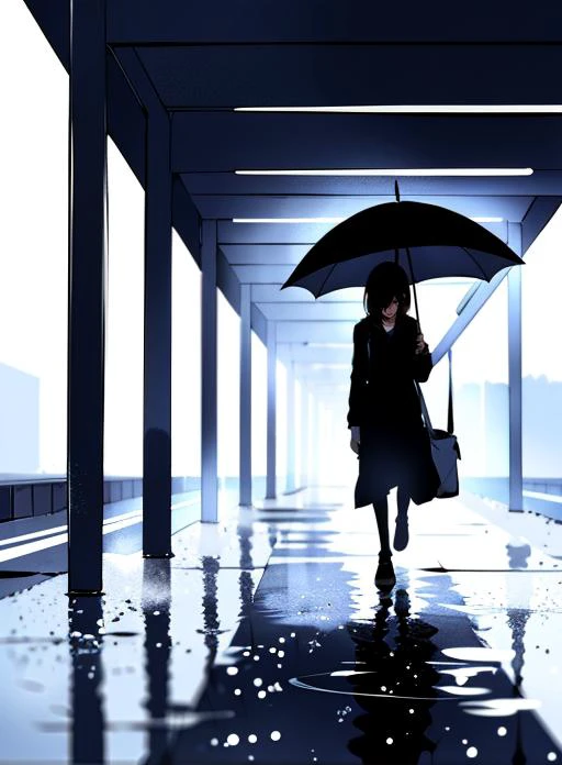 there is a woman walking down a hallway holding an umbrella