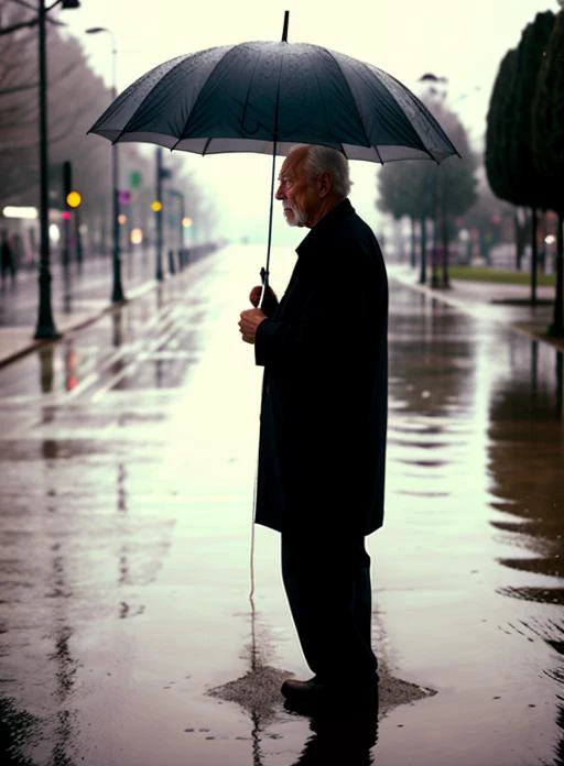 old man,
standing, water drop, rain, Cinematic lighting,
hand holding umbrella
 <lora:rainydays:0.3>