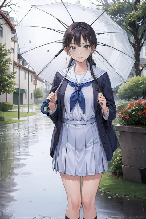 masterpiece, best quality, 1girl, wearing school uniform, rain, water drop, hand holding umbrella, <lora:parasol:1>