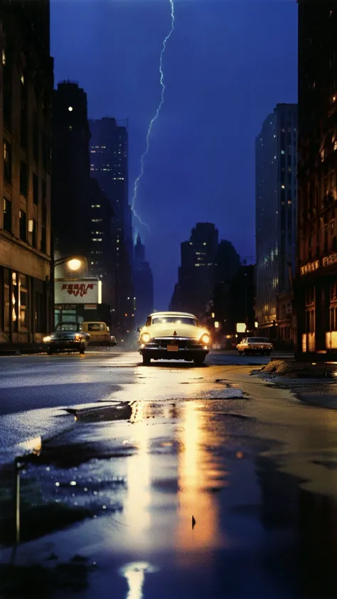 a desolate road in new york city by william eggleston, at night, huge buildings, thunderstorm and rain, dimly lit, beautiful, mysterious threatening atmosphere, the light of a street lamp is reflecting in a puddle