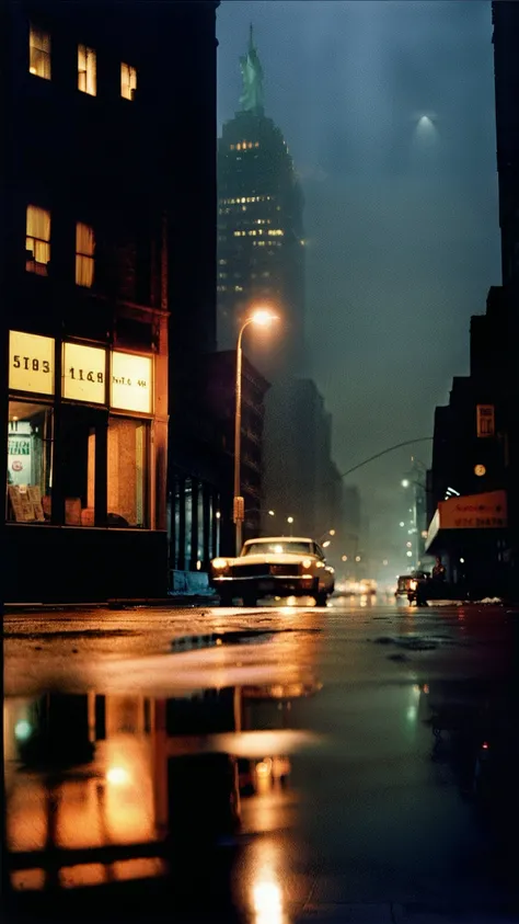 a desolate road in new york city by william eggleston, at night, huge buildings, thunderstorm and rain, dimly lit, beautiful, mysterious threatening atmosphere, the light of a street lamp is reflecting in a puddle