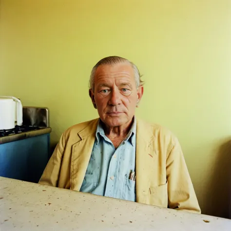 <lora:wegg:1>, wegg, closeup portrait of an old man in a kitchen by william eggleston, beautiful,