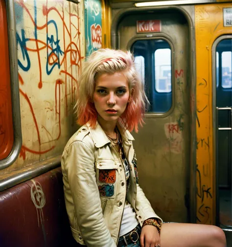 <lora:wegg:1> 1970s Kodak photo of a young 20 year old punk rock girl with colored hair wearing a white shirt and leather jacket, in a New York subway, graffiti on wall, photography by robert herman, by william eggleston, faded, film grain, cross processed...