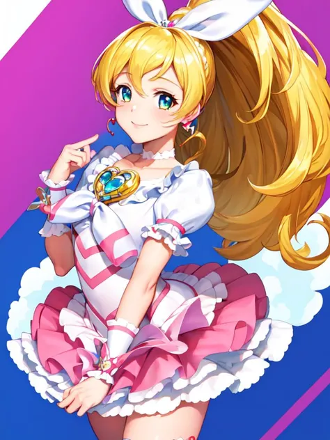 masterpiece, best quality, full_body, looking_at_viewer, cowboy_shot,
1girl, <lora:locon_cure_rhythm_v1:0.95>, cure rhythm, wide ponytail,  puffy short sleeves, brooch, heart earrings, ribbon, arm warmers, white boots, 
smile,