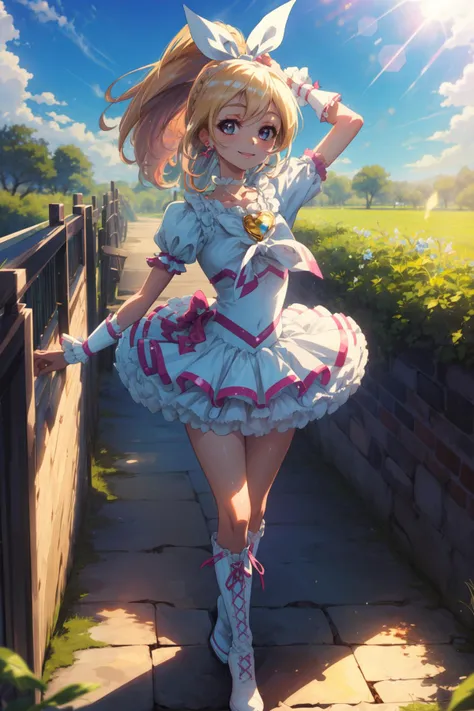 masterpiece,best quality,((SFW)),1girl,cure rhythm,wide ponytail,puffy short sleeves,brooch,heart earrings,ribbon,arm warmers,white boots,smile,standing,blue sky,sunlight,<lora:locon_cure_rhythm_1:0.9>,