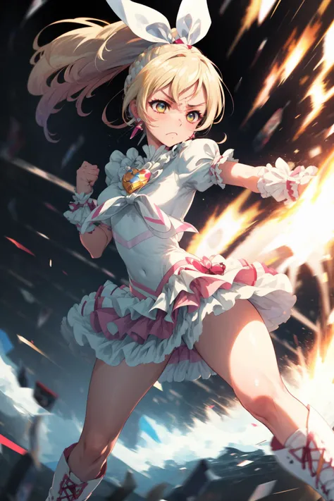 masterpiece,best quality,((SFW)),1girl,cure rhythm,wide ponytail,puffy short sleeves,brooch,heart earrings,ribbon,arm warmers,white boots,(serious,frown),fighting stance,action pose,attack,punching,motion lines,motion blur,blast wave,cowboy shot,<lora:loco...