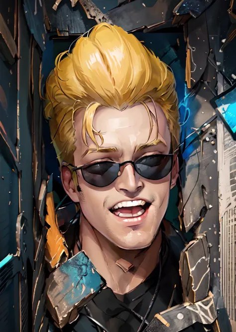 a close up of a person with sunglasses and a yellow hair