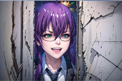 anime character with purple hair and glasses in a doorway