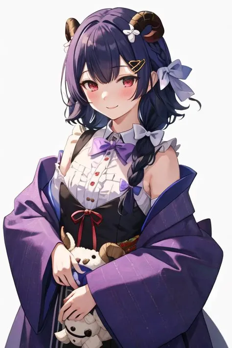 best quality, masterpiece, highres, solo, {morino_rinze_theidolmstershinycolors:1.15}, red_eyes, bangs, blush, black_hair, smile, blue_hair, short_hair, hair_ornament, closed_mouth, 1girl, looking_at_viewer, braid, frills, horns, sleep_mask, long_sleeves, ...