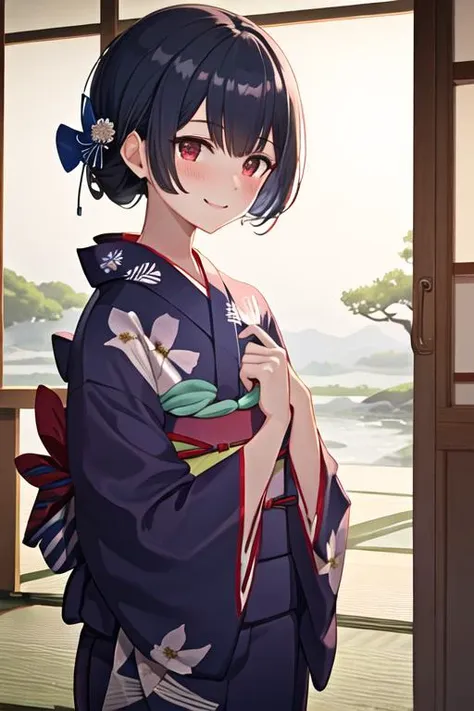 best quality, masterpiece, highres, solo, {yukata:1.40}, {kimono:1.20}, {morino_rinze_theidolmstershinycolors:1.15}, red_eyes, bangs, blush, black_hair, smile, blue_hair, short_hair, hair_ornament, closed_mouth