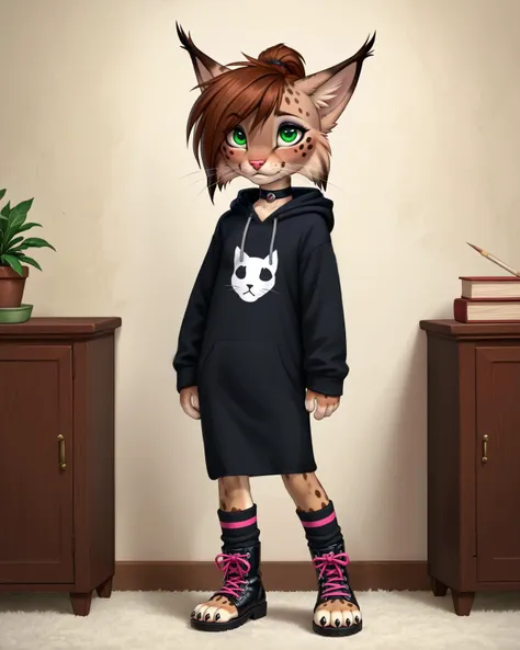 a cartoon cat wearing a hoodie and socks standing in front of a dresser