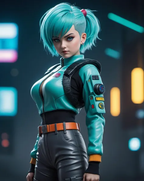 (masterpiece), , (extremely detailed),  (cinematic lighting),(silicone skin texture)
2d style, Bulma, bob cut hair, a-line hair, cyberpunk capsule corp outfit, asimetric trousers, Capsule Cord headquarters at back, glowing boots,
manga style