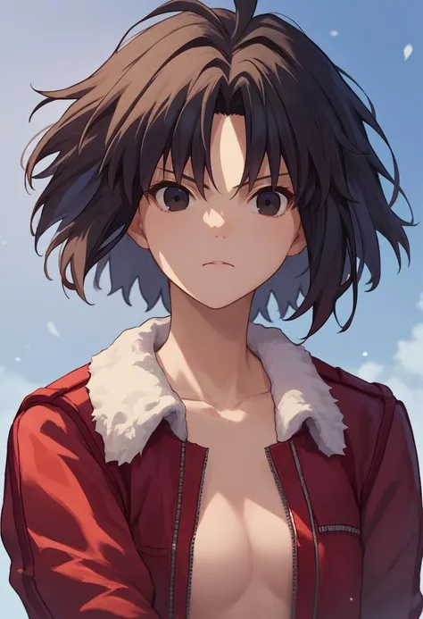 score_9, score_8_up, score_7_up, source_anime, 1girl, ryougi shiki,  short hair, black hair,  black eyes, red leather jacket,  fur trim,  nude,      <lora:Shiki-000007:1>