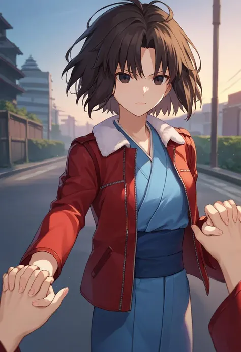 score_9, score_8_up, score_7_up, source_anime, 1girl, ryougi shiki,  short hair, black hair,  black eyes, red leather jacket,  fur trim,  blue kimono, pov, holding hands,outdoors,  <lora:Shiki-000007:1>