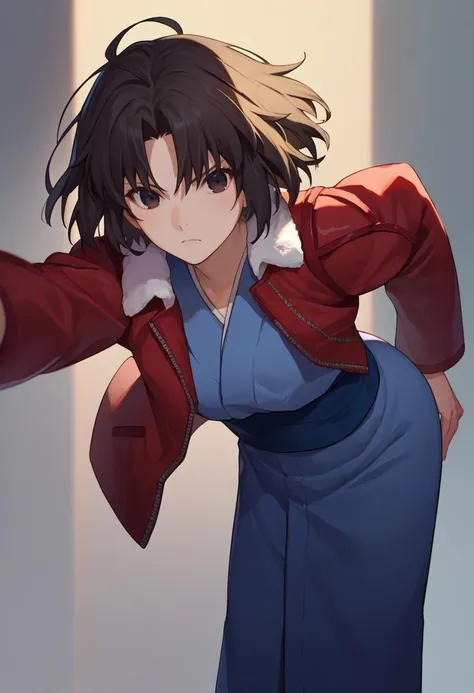 score_9, score_8_up, score_7_up, source_anime, 1girl, ryougi shiki,  short hair, black hair,  black eyes, red leather jacket,  fur trim,  blue kimono, bent over,   <lora:Shiki-000007:1>