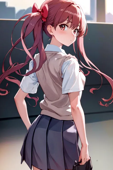 masterpiece, best quality, highres, 1girl hair bow, tokiwadai school uniform <lora:shirai_kuroko:1> from behind, looking back, looking at viewer