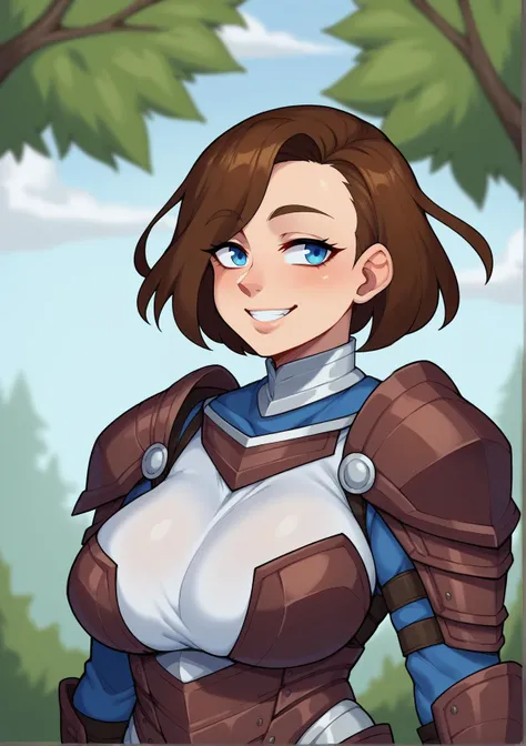 score_9, score_8_up, score_7_up, BREAK, <lora:shelter-guy-PONYv1:1.1>, 1girl, solo, large breasts, <lora:add-detail-xl:.5>, A girl standing in a forest, brown hair, short hair, blue eyes, armor, smile