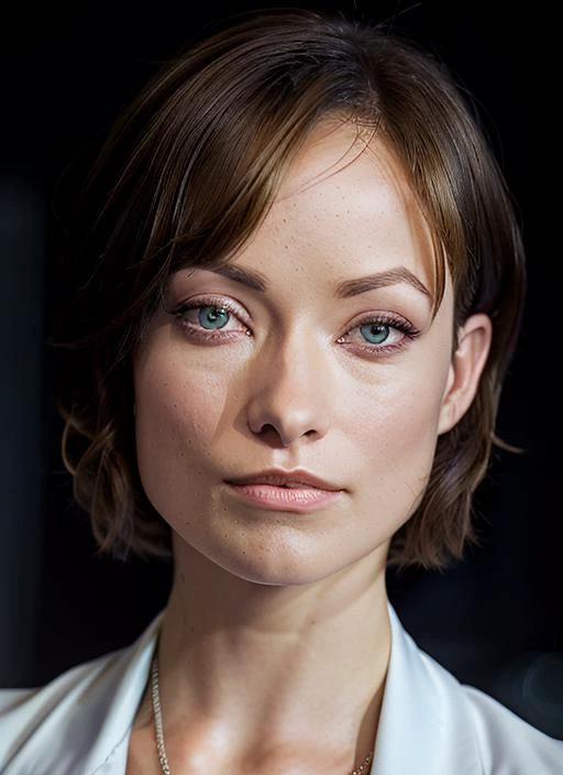 portrait of Olivia Wilde, anxious , wearing formal wear , with dark brown Asymmetrical haircut , background city epic (photo, studio lighting, hard light, sony a7, 50 mm, matte skin, pores, colors, hyperdetailed, hyperrealistic), <lyco:Olivia Wilde:1.1>