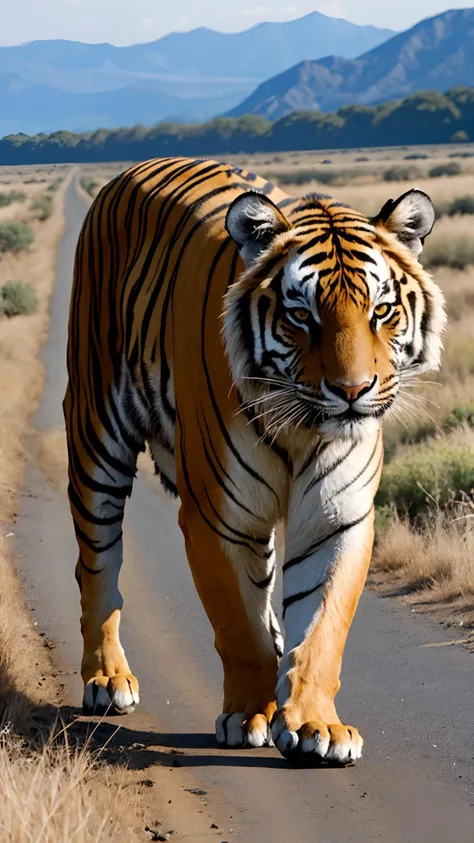 there is a tiger walking down a road in the middle of the desert