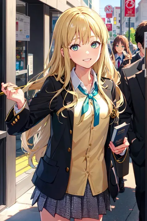 anime girl in school uniform walking down the street with her hands in her pockets