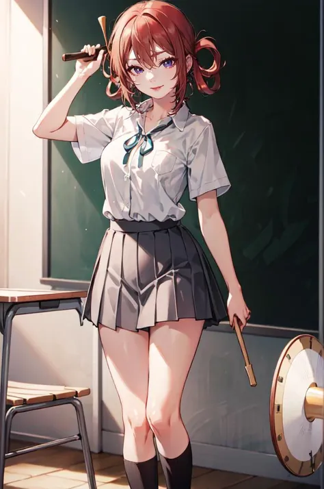 <lora:SakuragaokaHighSchoolUniform:1> SakuragaokaSummer, sakuragaoka high school uniform, white shirt, neck ribbon, short sleeves, grey skirt, (drumsticks:1.2), indoors, classroom, chalkboard, standing,, absurdres, ultra detailed, masterpiece, best quality...