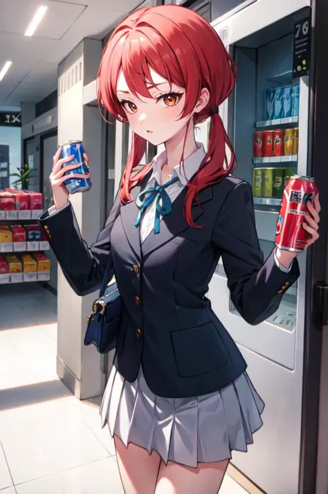 <lora:SakuragaokaHighSchoolUniform:1> SakuragaokaWinter, sakuragaoka high school uniform, blazer, long sleeves, neck ribbon, grey skirt, outside store, vending machine, holding soda can, pov, reaching towards viewer, shy, blush, indirect kiss, (low twintai...