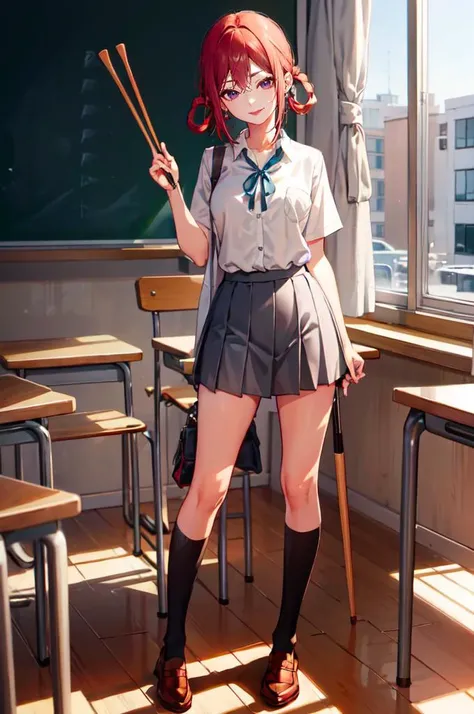 <lora:SakuragaokaHighSchoolUniform:1> SakuragaokaSummer, sakuragaoka high school uniform, white shirt, neck ribbon, short sleeves, grey skirt, (drumsticks:1.2), indoors, classroom, chalkboard, standing,, absurdres, ultra detailed, masterpiece, best quality...