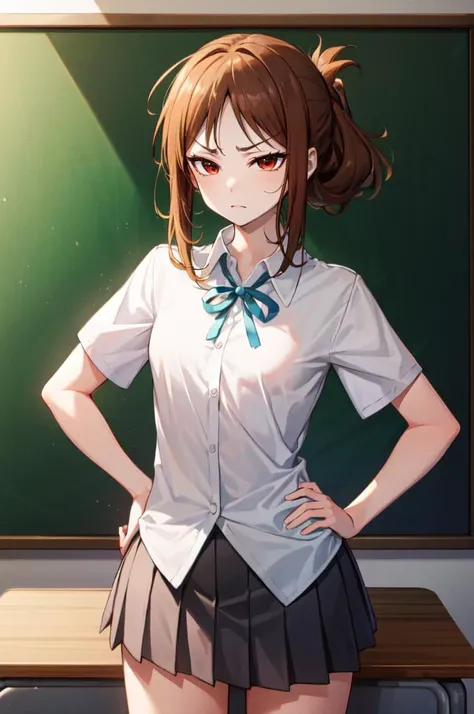 <lora:SakuragaokaHighSchoolUniform:1>  SakuragaokaSummer, sakuragaoka high school uniform, white shirt, neck ribbon, short sleeves, grey skirt, hands on own hips, angry, classroom, chalkboard, drawing of a heart in chalk on chalkboard, ai ai gasa, full-fac...