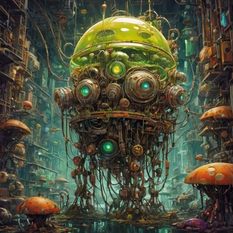 a green robot floating in a futuristic city surrounded by mushrooms