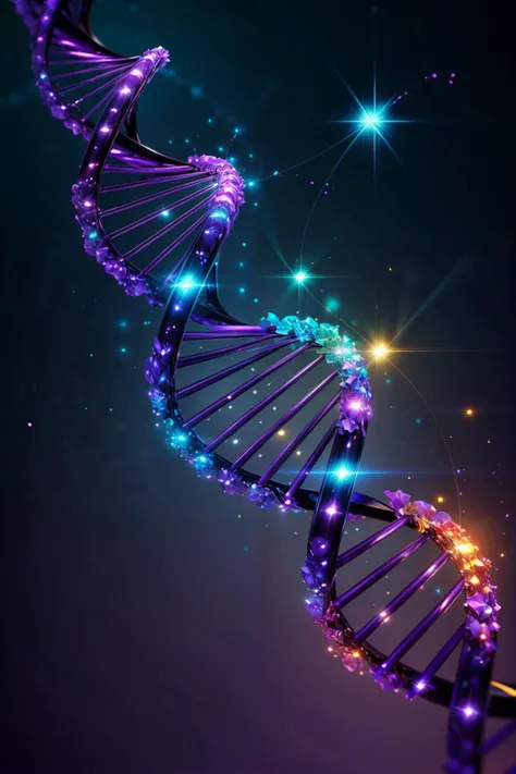 a purple and blue dna model with glowing lights