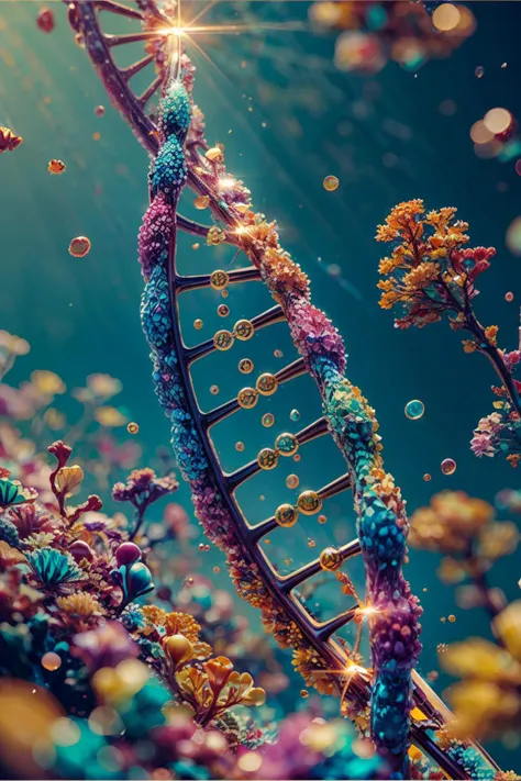 a close up of a strand of dna in a field of flowers