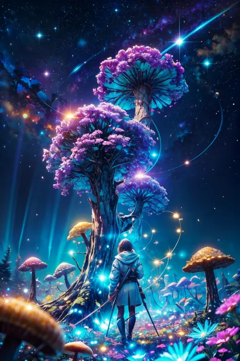 a woman standing in front of a tree with mushrooms and flowers