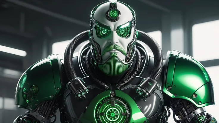 Cyborg style Cyborg style a green ai overlord (santa:1.3), <lora:xmas_xl_v1:1>, xmas . octane render, highly detailed, carbon fibre, armor plating, mechanical joints, detailed reflections, wires, hydraulics, led lights,  . octane render, highly detailed, c...