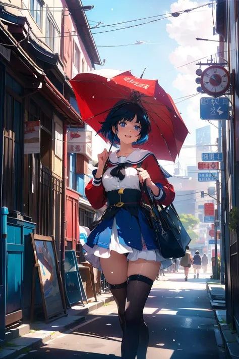 anime girl in a short dress and umbrella walking down a street