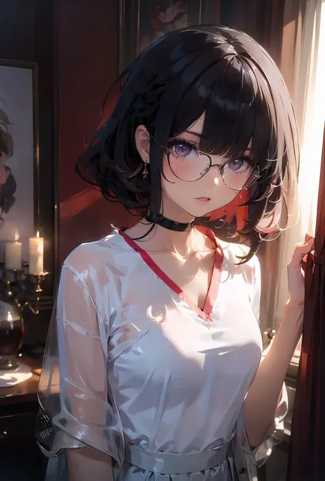 anime girl with glasses and a white shirt standing in front of a window