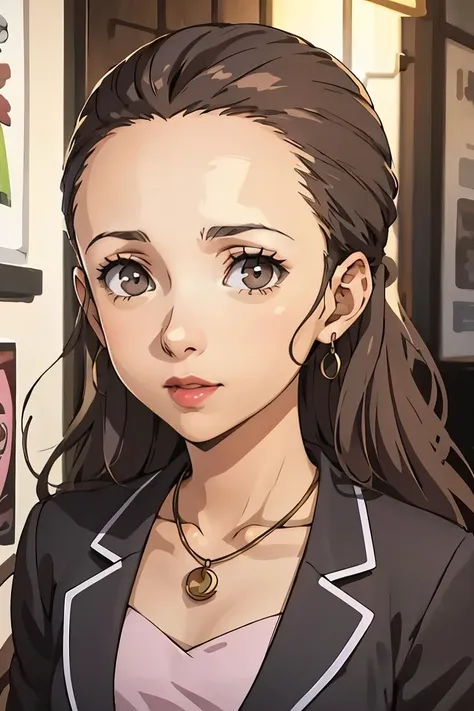 (masterpiece, best quality), 1girl,   <lora:eriminami-guy-v2:0.8> eriminami, forehead, hair behind ear, lipstick, necklace, jacket, tied jacket, black jacket, dress, pink dress