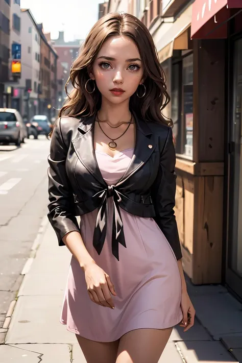 araffe woman in a pink dress and black jacket walking down a street