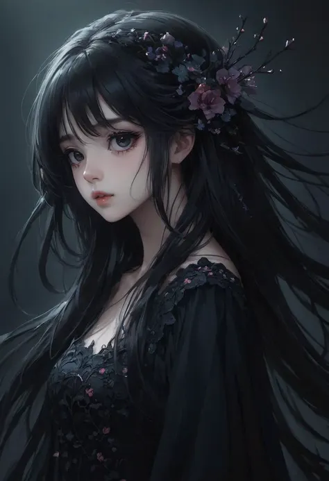 a woman with long black hair and a flower in her hair