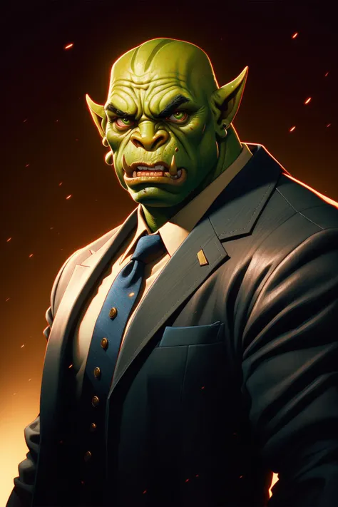 Portrait of an orc warrior wearing suit and tie, Blizzard Entertainment, detailed skin, skin blemishes, Warcraft, lighting should be warm and inviting, casting a soft glow and highlighting the rich colors of his flesh, background cinematic Hollywood movie ...