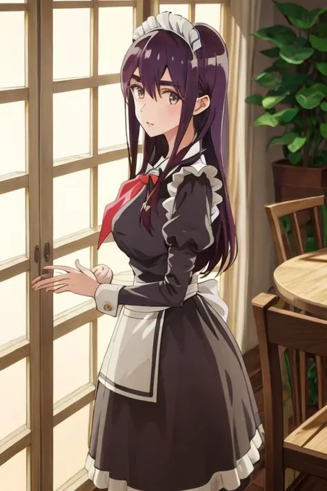 best quality, masterpiece, highres, solo, {maid:1.40}, {long maid dress:1.15}, {yano_mitsuki_watashinoyuriwaoshigotodesu:1.15}, long_hair, purple_hair, brown_eyes, hair_between_eyes