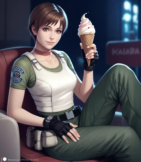 a woman sitting on a couch holding a ice cream cone