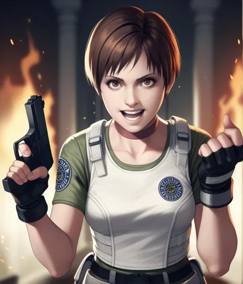 a woman holding a gun in front of a fire