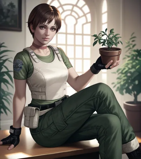 a woman sitting on a table holding a potted plant