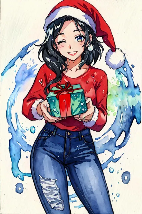 a drawing of a woman in a santa hat holding a present