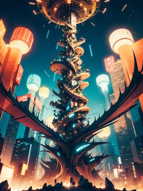 Astonishing cybersys tower, Bokeh, [by Roberto Matta, Tom King:17], Surrealism, biomorphic forms, psychological landscapes, introspective, psychological, Illustration, Corporate Punk, Side lighting, F/8, dynamic cinematic color, surreal, complimentary colo...