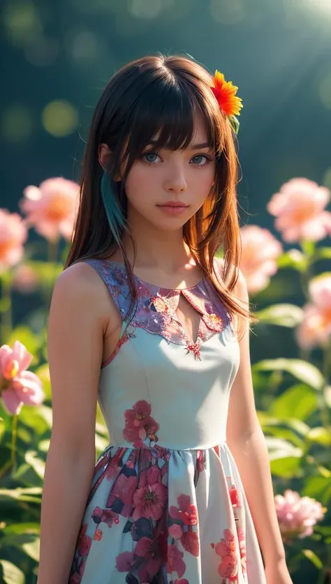 1 young cute girl, flower dress, colorful, dark background, flower armor, green theme, exposure blend, upper body shot, bokeh, (hdr:1.4), high contrast, (cinematic, teal and orange:0.85), (muted colors, dim colors, soothing tones:1.3), low saturation